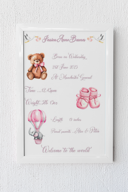 Baby Personalised A4 Birth Print , with or without frame