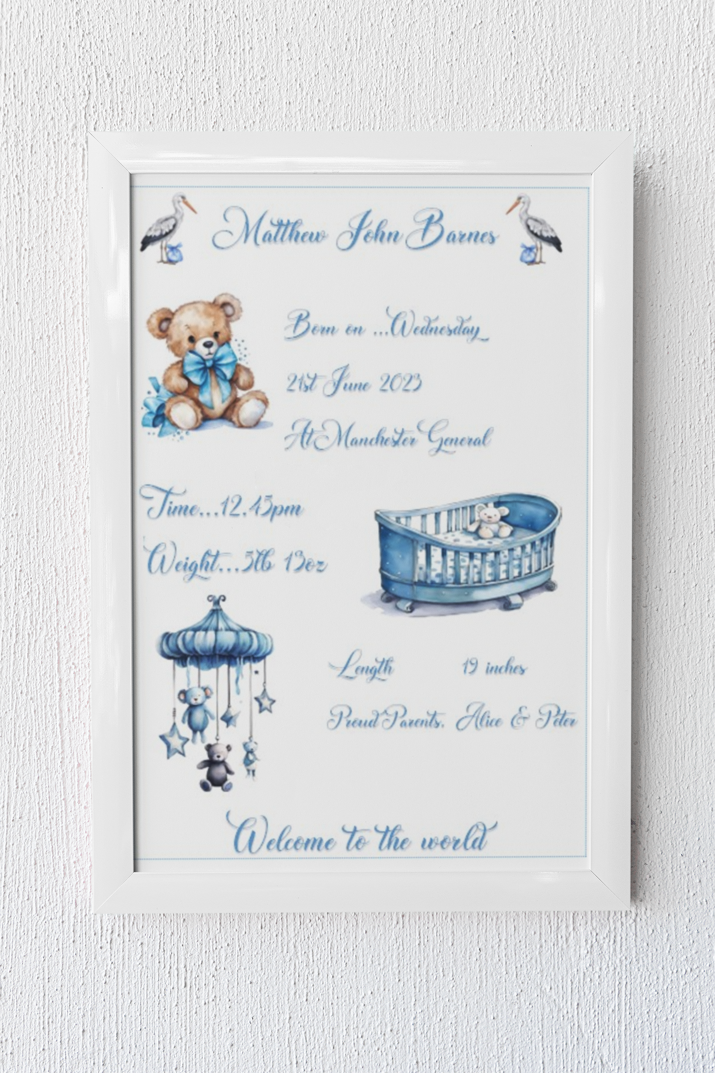 Baby Personalised A4 Birth Print , with or without frame