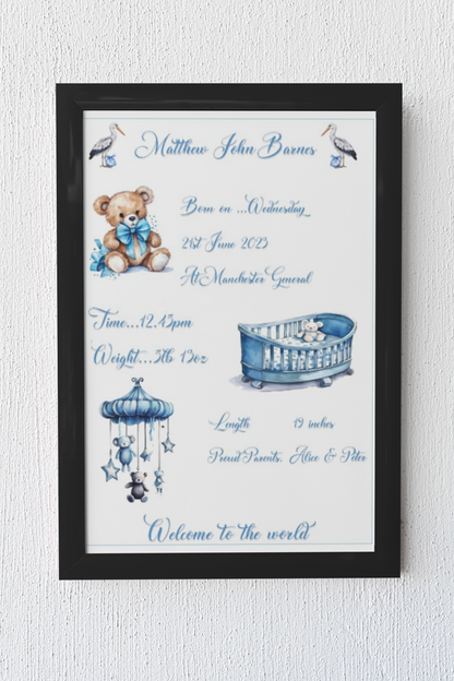 Baby Personalised A4 Birth Print , with or without frame