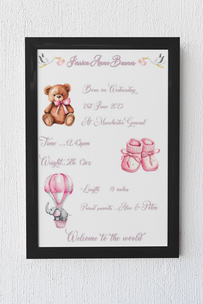 Baby Personalised A4 Birth Print , with or without frame