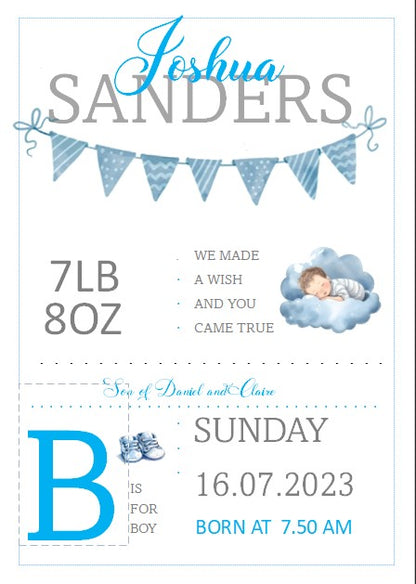 Baby Personalised A4 Birth Print , with or without frame