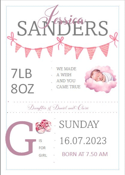 Baby Personalised A4 Birth Print , with or without frame