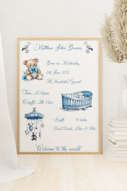 Baby Personalised A4 Birth Print , with or without frame