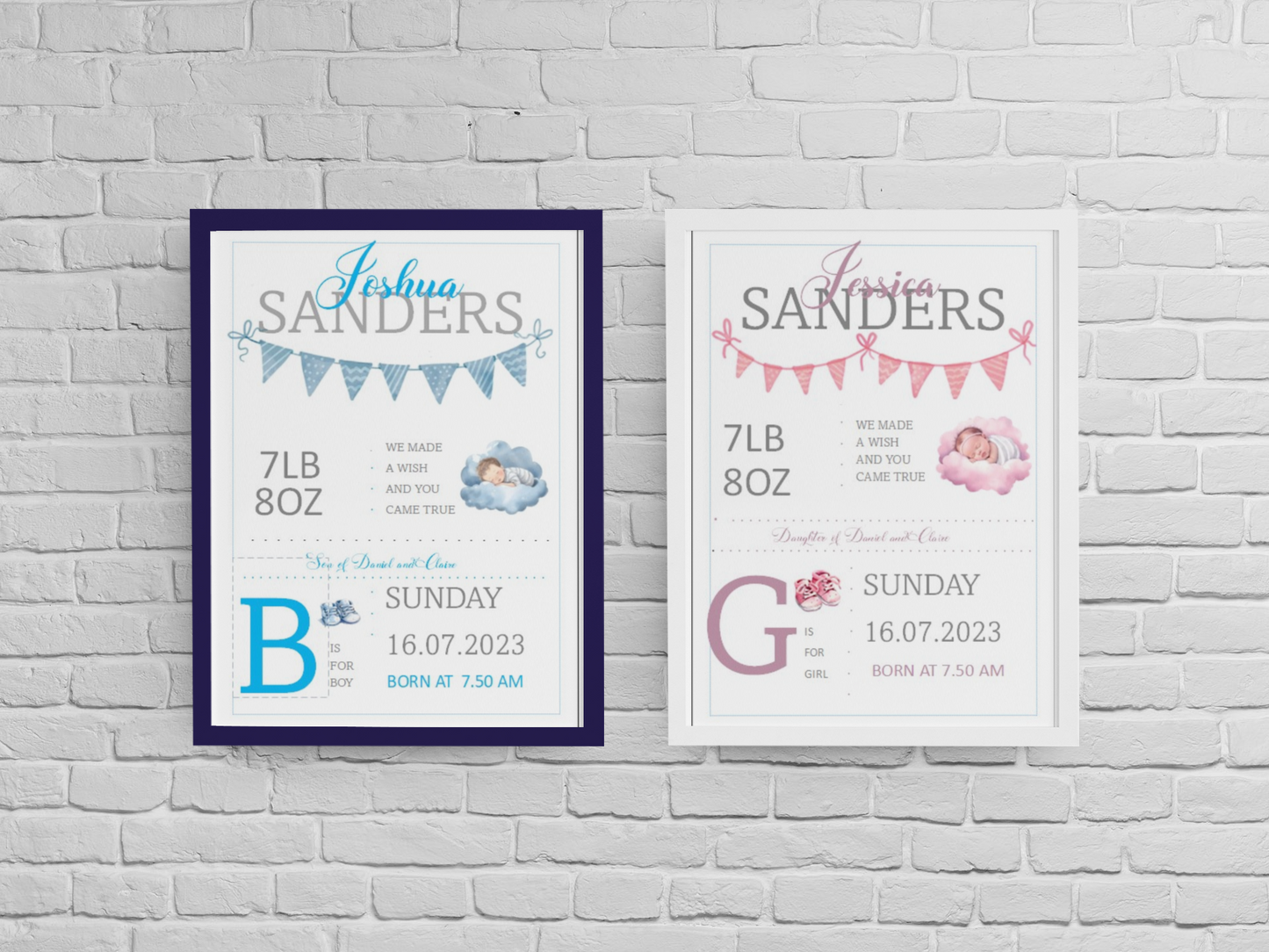 Baby Personalised A4 Birth Print , with or without frame